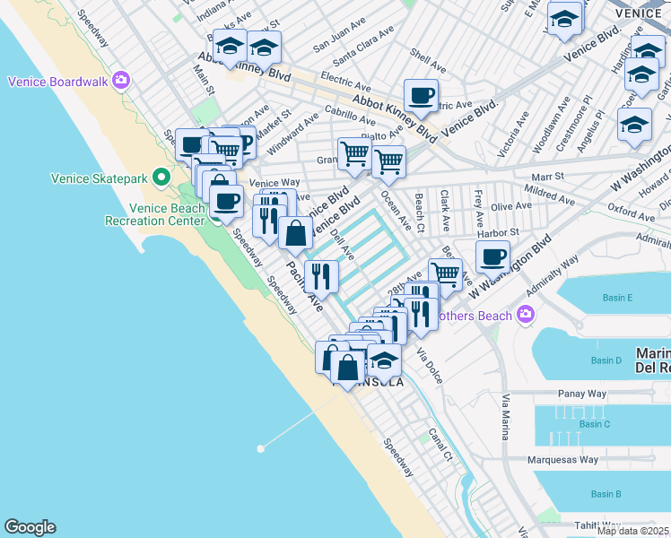 map of restaurants, bars, coffee shops, grocery stores, and more near 218 Linnie Canal in Los Angeles