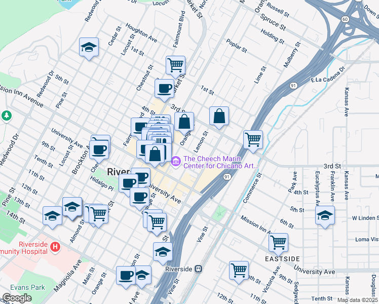 map of restaurants, bars, coffee shops, grocery stores, and more near 573 5th Street in Riverside