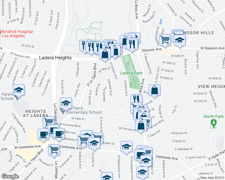 map of restaurants, bars, coffee shops, grocery stores, and more near 6214 Damask Avenue in Los Angeles