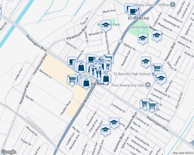 map of restaurants, bars, coffee shops, grocery stores, and more near in Pico Rivera