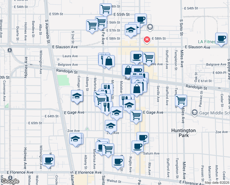 map of restaurants, bars, coffee shops, grocery stores, and more near 6212 Middleton Street in Huntington Park