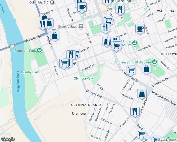 map of restaurants, bars, coffee shops, grocery stores, and more near 728 Heyward Street in Columbia