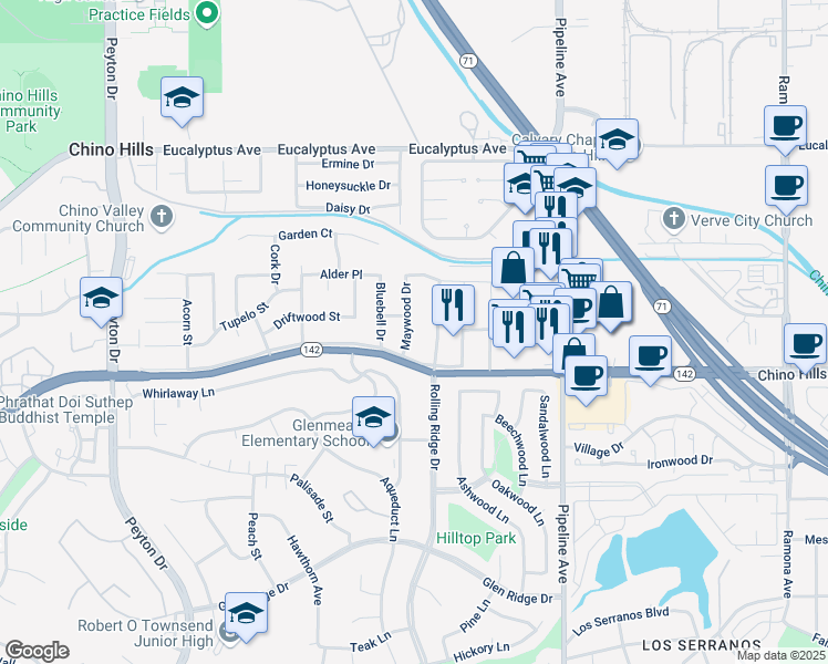map of restaurants, bars, coffee shops, grocery stores, and more near 14823 Maywood Drive in Chino Hills