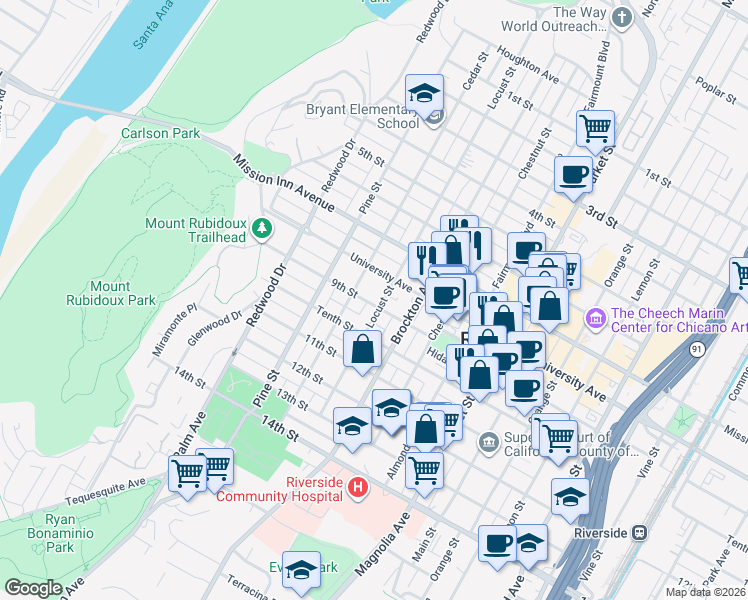 map of restaurants, bars, coffee shops, grocery stores, and more near 3891 Locust Street in Riverside
