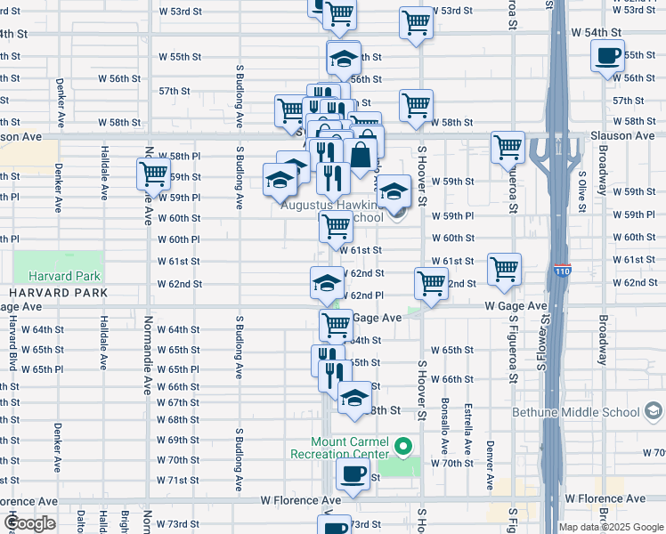 map of restaurants, bars, coffee shops, grocery stores, and more near 6132 South Vermont Avenue in Los Angeles