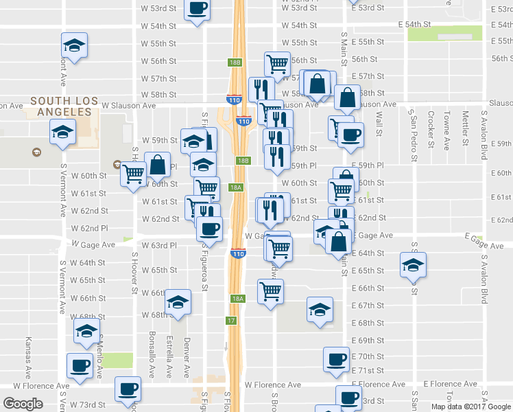 map of restaurants, bars, coffee shops, grocery stores, and more near 332 West 61st Street in Los Angeles