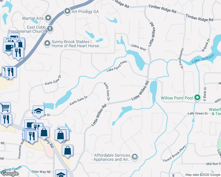 map of restaurants, bars, coffee shops, grocery stores, and more near 4366 Karls Gate Drive in Marietta
