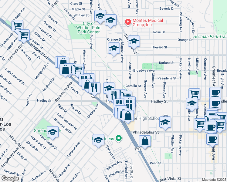 map of restaurants, bars, coffee shops, grocery stores, and more near 11726 Hillview Court in Whittier