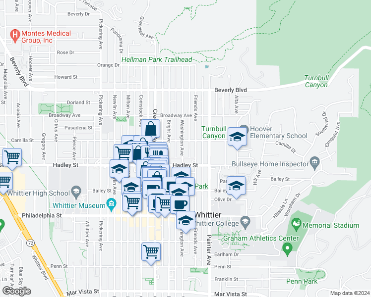 map of restaurants, bars, coffee shops, grocery stores, and more near 6318 Washington Avenue in Whittier