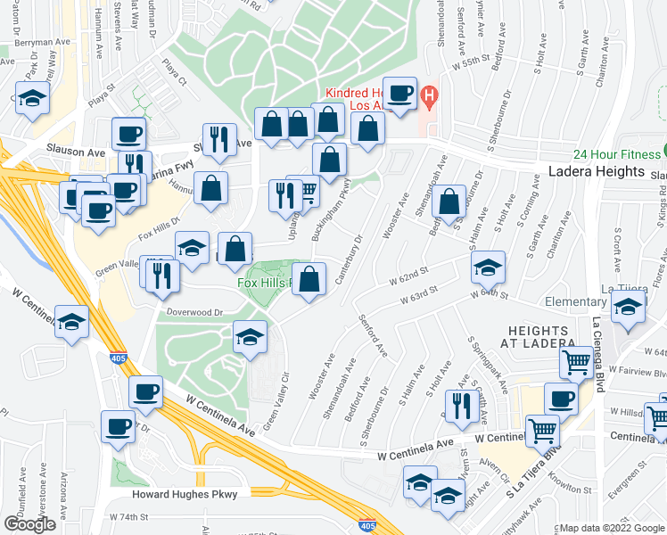 map of restaurants, bars, coffee shops, grocery stores, and more near 5650 North Sumner Way in Culver City