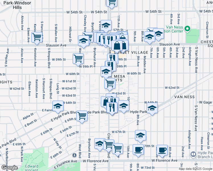 map of restaurants, bars, coffee shops, grocery stores, and more near 6122 South Victoria Avenue in Los Angeles