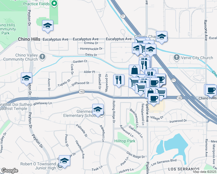 map of restaurants, bars, coffee shops, grocery stores, and more near 14824 Maywood Drive in Chino Hills