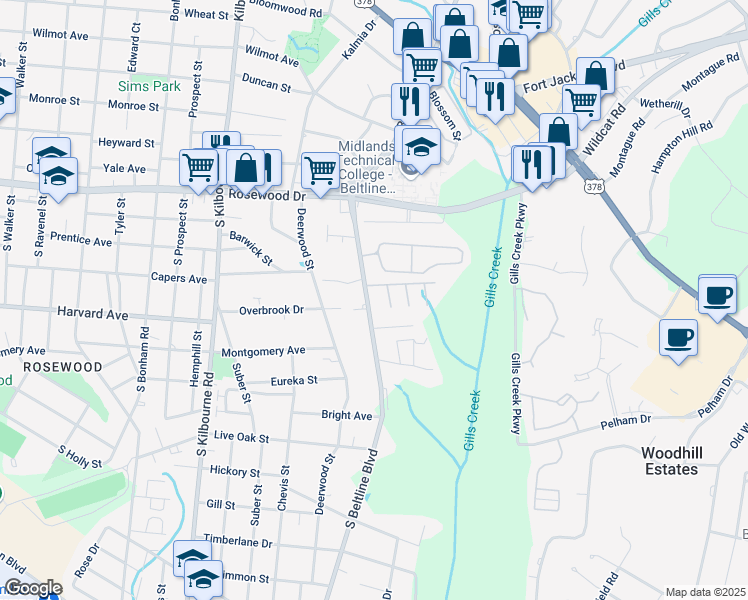 map of restaurants, bars, coffee shops, grocery stores, and more near 510 South Beltline Boulevard in Columbia