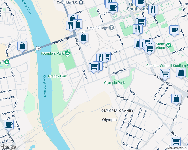 map of restaurants, bars, coffee shops, grocery stores, and more near 520 Whaley Street in Columbia