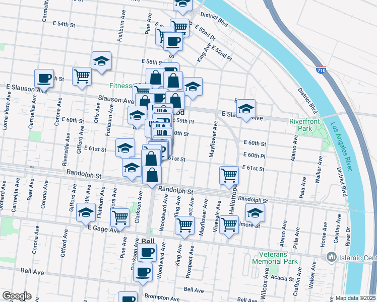 map of restaurants, bars, coffee shops, grocery stores, and more near 6038 King Avenue in Maywood