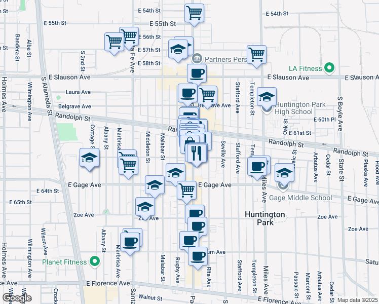 map of restaurants, bars, coffee shops, grocery stores, and more near 6215 Pacific Boulevard in Huntington Park