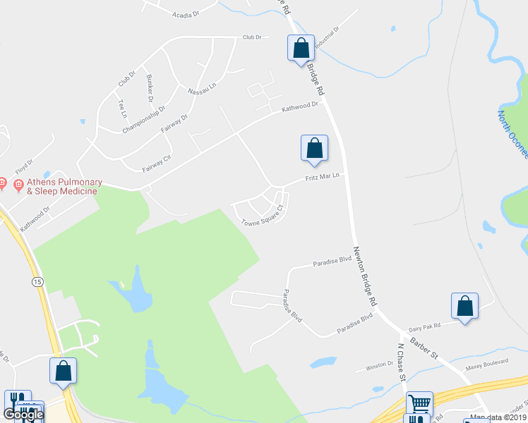 map of restaurants, bars, coffee shops, grocery stores, and more near 1481 Towne Square Terrace in Athens