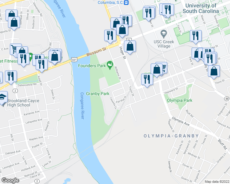 map of restaurants, bars, coffee shops, grocery stores, and more near 306 Picadilly Street in Columbia