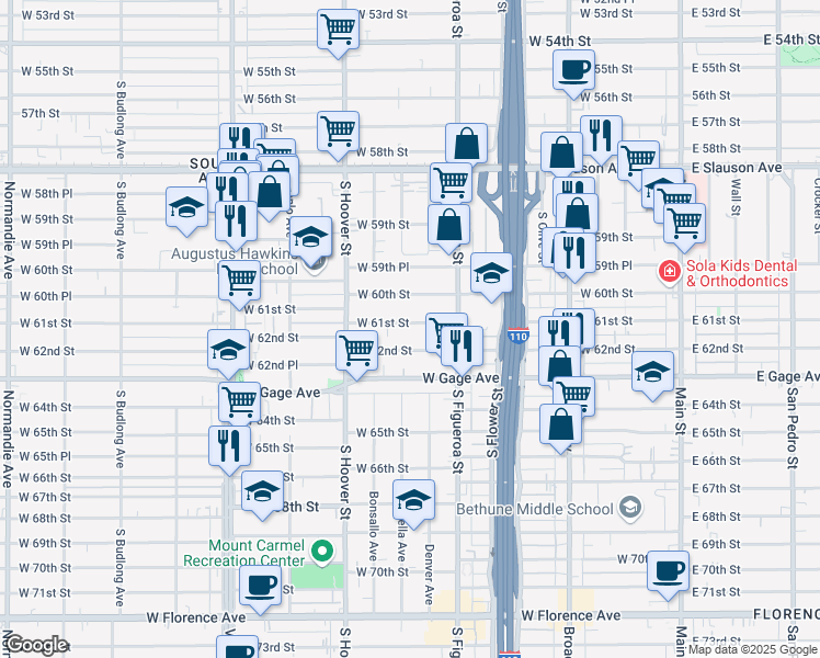 map of restaurants, bars, coffee shops, grocery stores, and more near 620 West 61st Street in Los Angeles