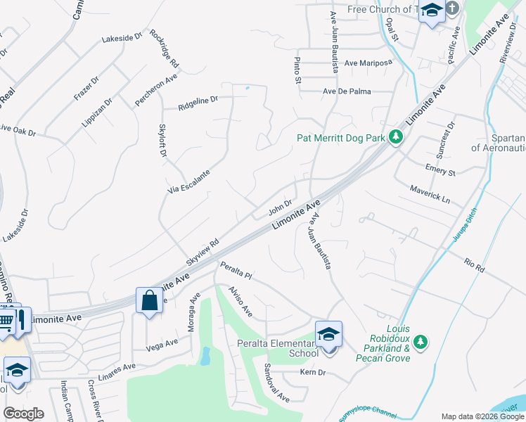 map of restaurants, bars, coffee shops, grocery stores, and more near 6981 John Drive in Riverside