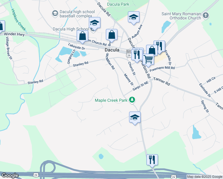 map of restaurants, bars, coffee shops, grocery stores, and more near 2450 Fortune Drive in Dacula