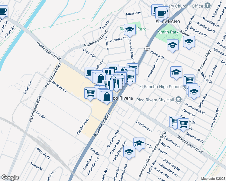 map of restaurants, bars, coffee shops, grocery stores, and more near 8923 Washington Boulevard in Pico Rivera
