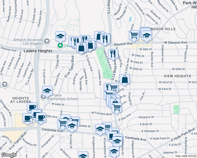 map of restaurants, bars, coffee shops, grocery stores, and more near 6203 Condon Avenue in View Park-Windsor Hills