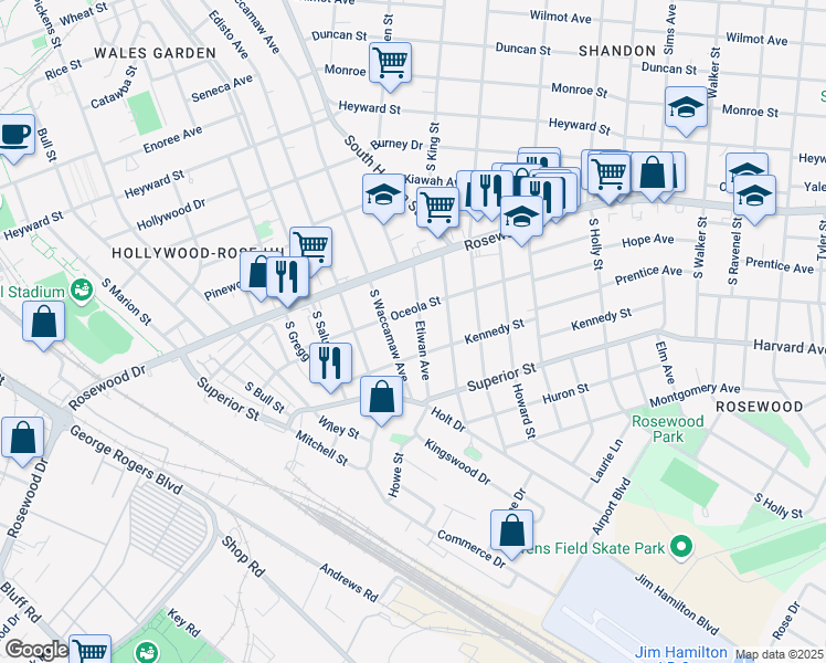 map of restaurants, bars, coffee shops, grocery stores, and more near 519 Etiwan Avenue in Columbia