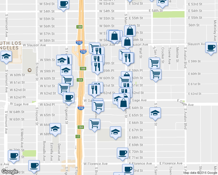 map of restaurants, bars, coffee shops, grocery stores, and more near 208 West 61st Street in Los Angeles
