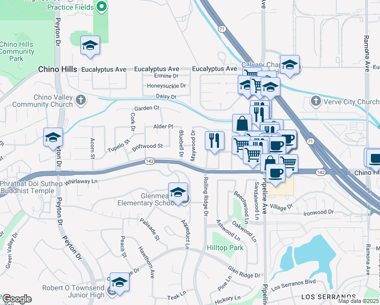 map of restaurants, bars, coffee shops, grocery stores, and more near 14824 Maywood Drive in Chino Hills