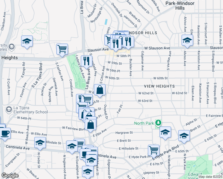 map of restaurants, bars, coffee shops, grocery stores, and more near 6114 Overhill Drive in View Park-Windsor Hills