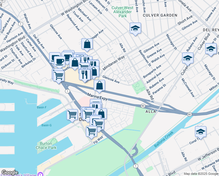 map of restaurants, bars, coffee shops, grocery stores, and more near 4501 Glencoe Avenue in Marina del Rey