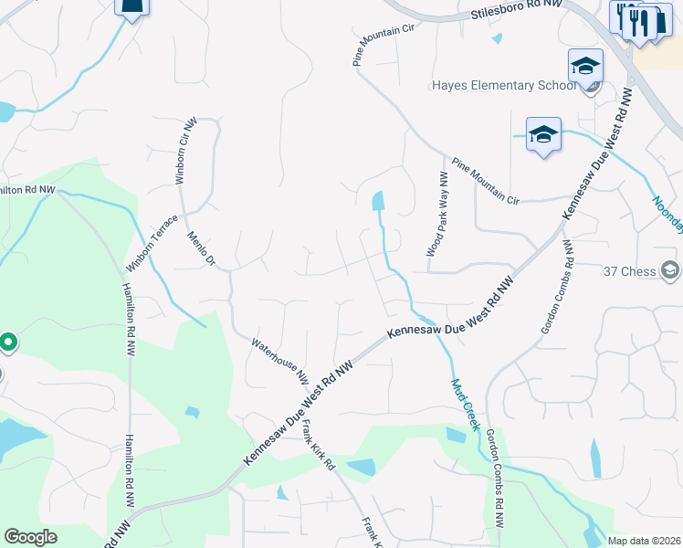 map of restaurants, bars, coffee shops, grocery stores, and more near 3169 Crestmont Way Northwest in Kennesaw