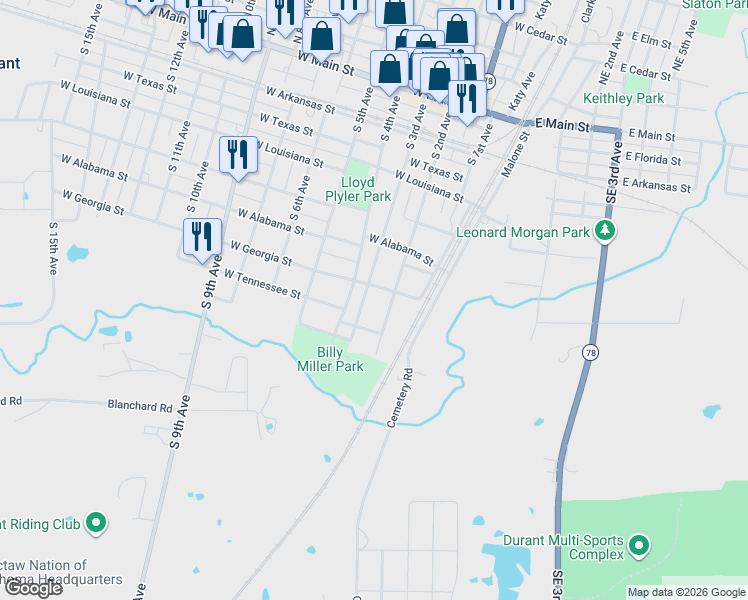 map of restaurants, bars, coffee shops, grocery stores, and more near 714 South 3rd Avenue in Durant