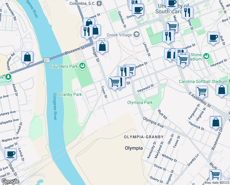 map of restaurants, bars, coffee shops, grocery stores, and more near 520 Whaley Street in Columbia