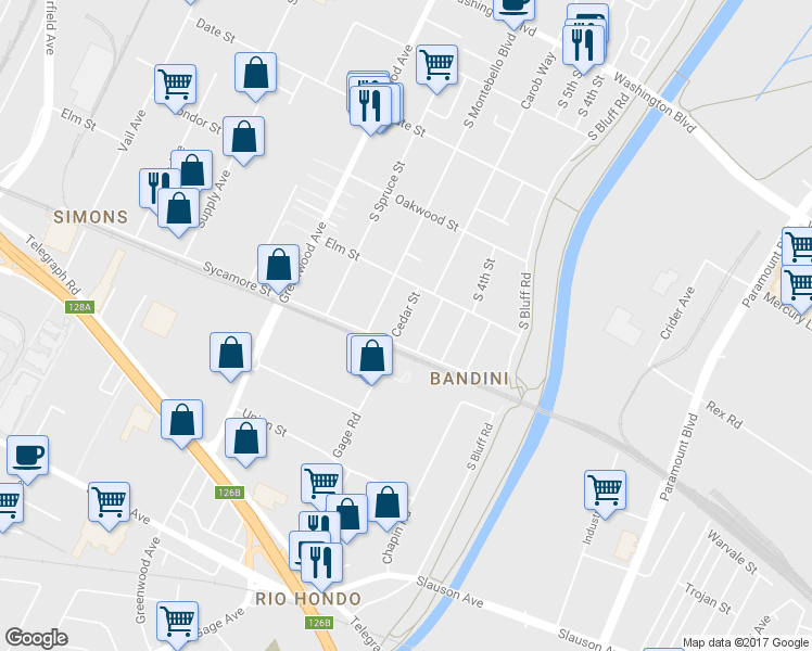 map of restaurants, bars, coffee shops, grocery stores, and more near 1436 Cedar Street in Montebello