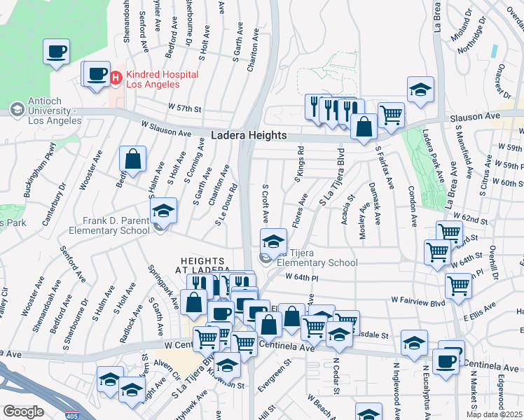 map of restaurants, bars, coffee shops, grocery stores, and more near 6017 South Croft Avenue in Los Angeles