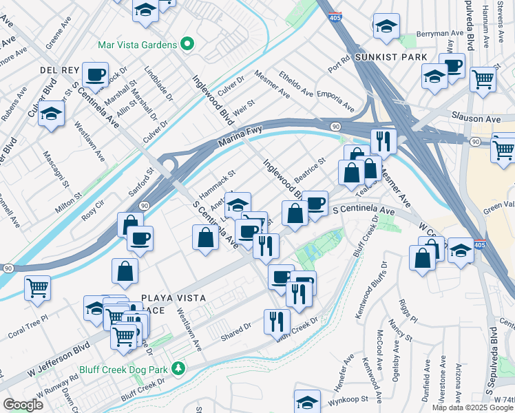map of restaurants, bars, coffee shops, grocery stores, and more near 12071 Beatrice Street in Culver City