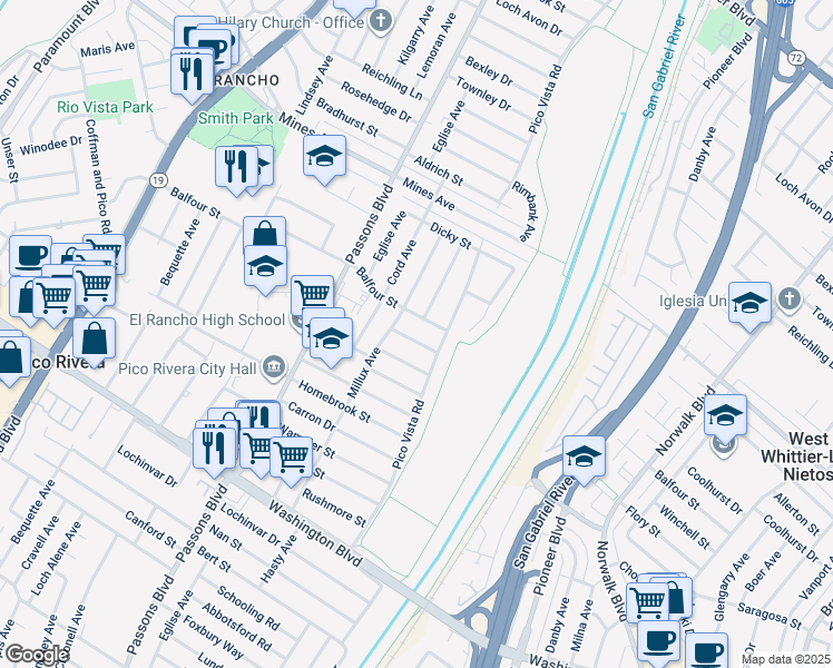 map of restaurants, bars, coffee shops, grocery stores, and more near 9627 Winchell Street in Pico Rivera