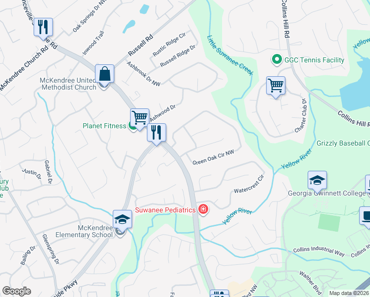 map of restaurants, bars, coffee shops, grocery stores, and more near 545 Meadowfield Court in Lawrenceville