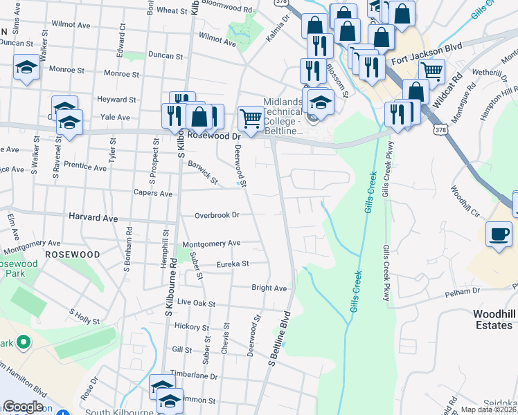 map of restaurants, bars, coffee shops, grocery stores, and more near 512 Deerwood Street in Columbia