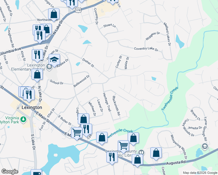 map of restaurants, bars, coffee shops, grocery stores, and more near 109 Granny Drive in Lexington