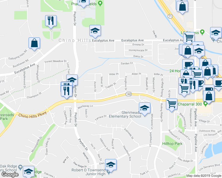 map of restaurants, bars, coffee shops, grocery stores, and more near 14829 Tyrol Court in Chino Hills