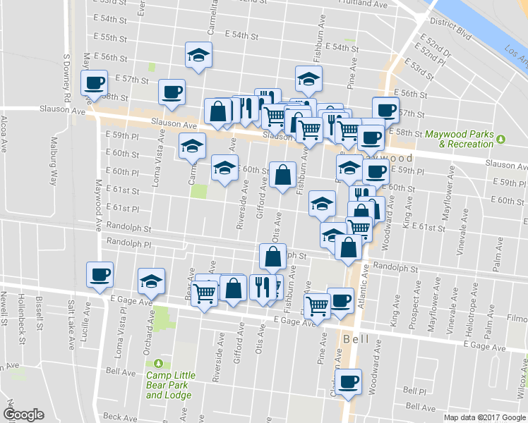 map of restaurants, bars, coffee shops, grocery stores, and more near 6106 Gifford Avenue in Huntington Park