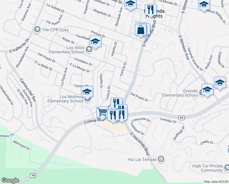 map of restaurants, bars, coffee shops, grocery stores, and more near 15723 East La Belle Street in La Puente