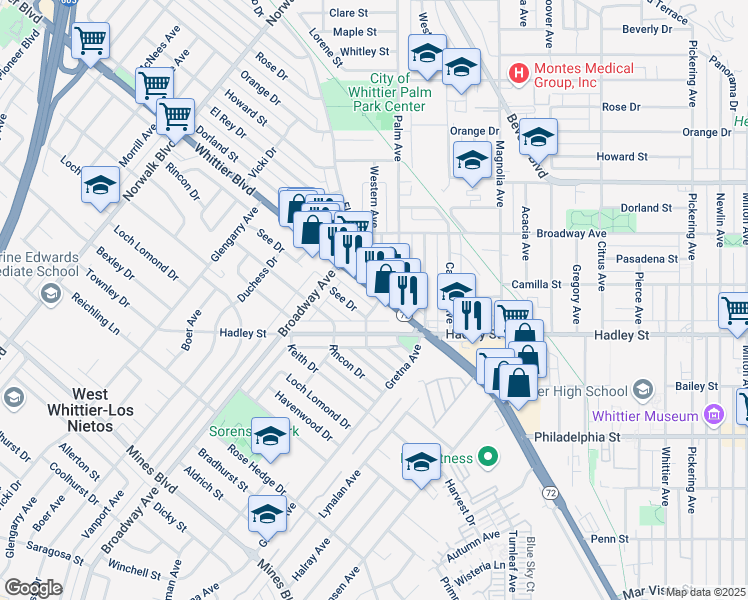 map of restaurants, bars, coffee shops, grocery stores, and more near 11456 Whittier Boulevard in Whittier