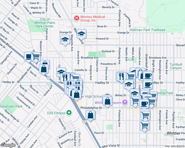 map of restaurants, bars, coffee shops, grocery stores, and more near 6316 Gregory Avenue in Whittier