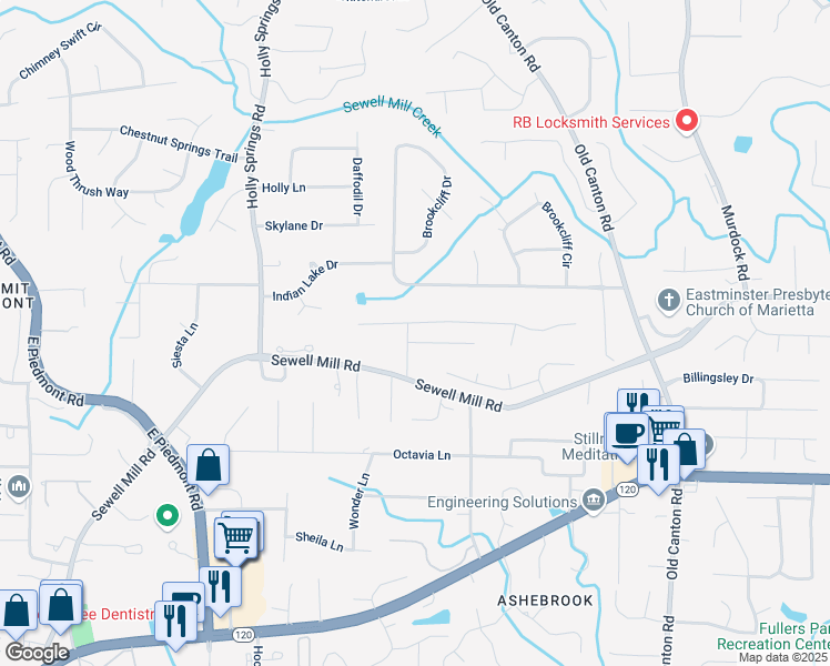 map of restaurants, bars, coffee shops, grocery stores, and more near 2750 Dellinger Drive in Marietta