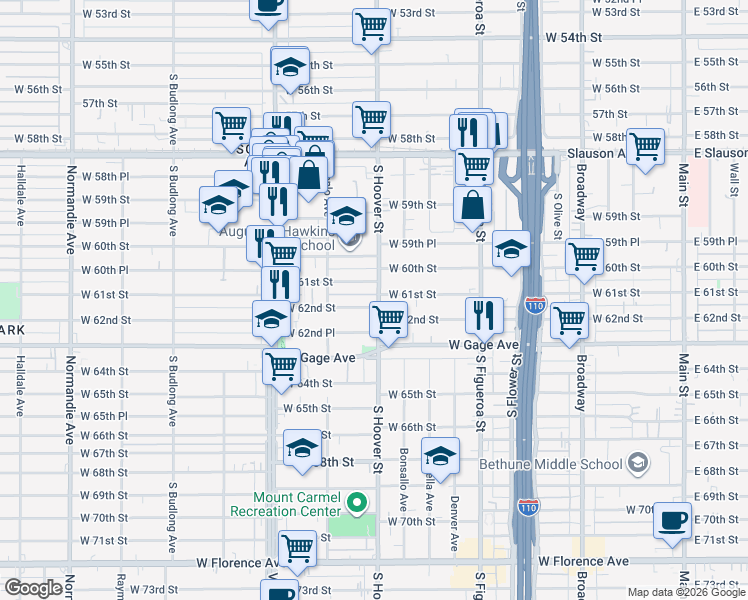 map of restaurants, bars, coffee shops, grocery stores, and more near 6100 South Hoover Street in Los Angeles