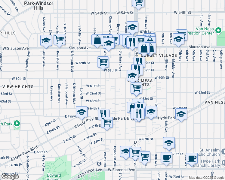 map of restaurants, bars, coffee shops, grocery stores, and more near 6114 Brynhurst Avenue in Los Angeles
